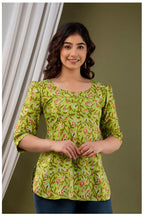 Olive Green Floral Print Cotton Kurti Top for Women