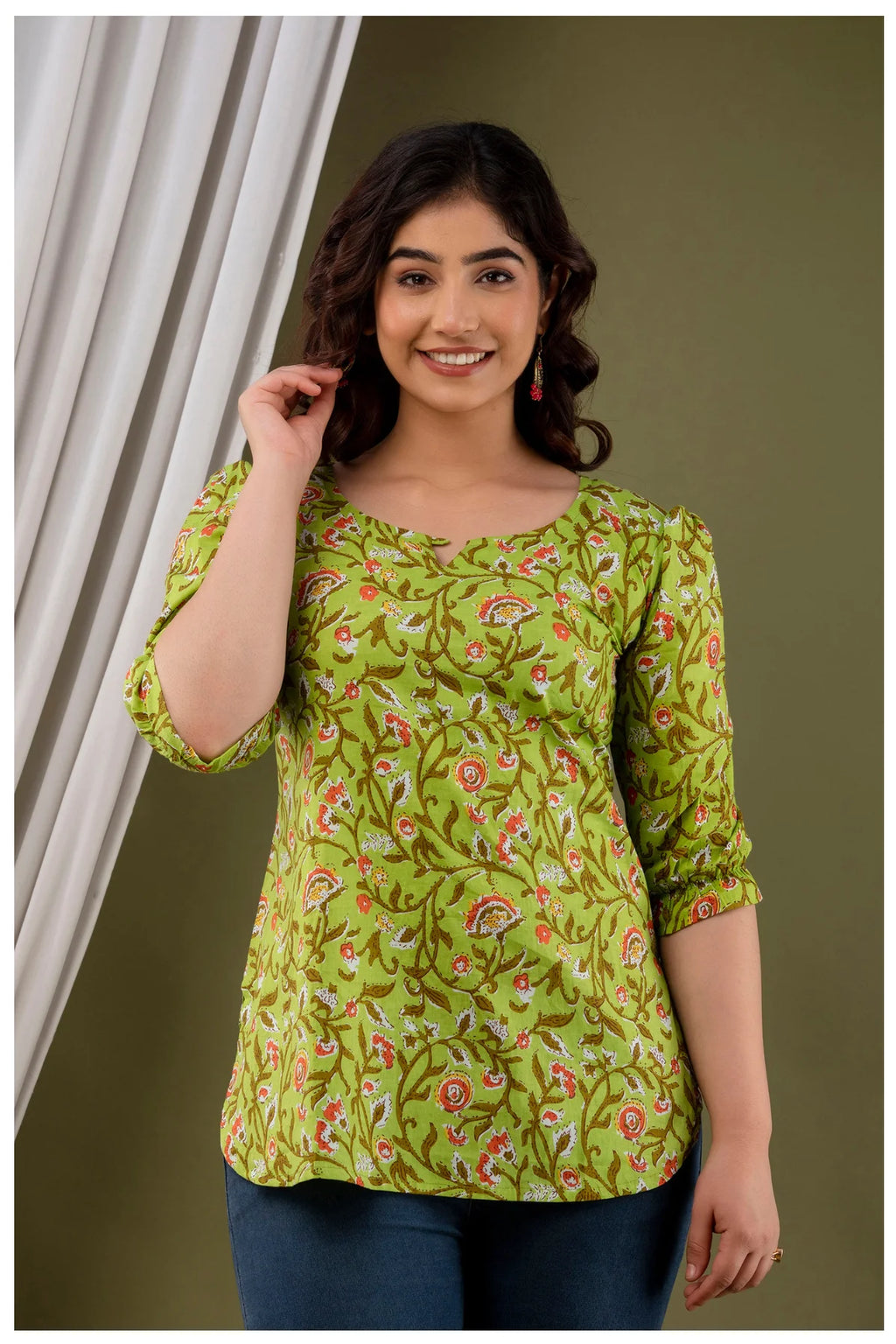 Olive Green Floral Print Cotton Kurti Top for Women