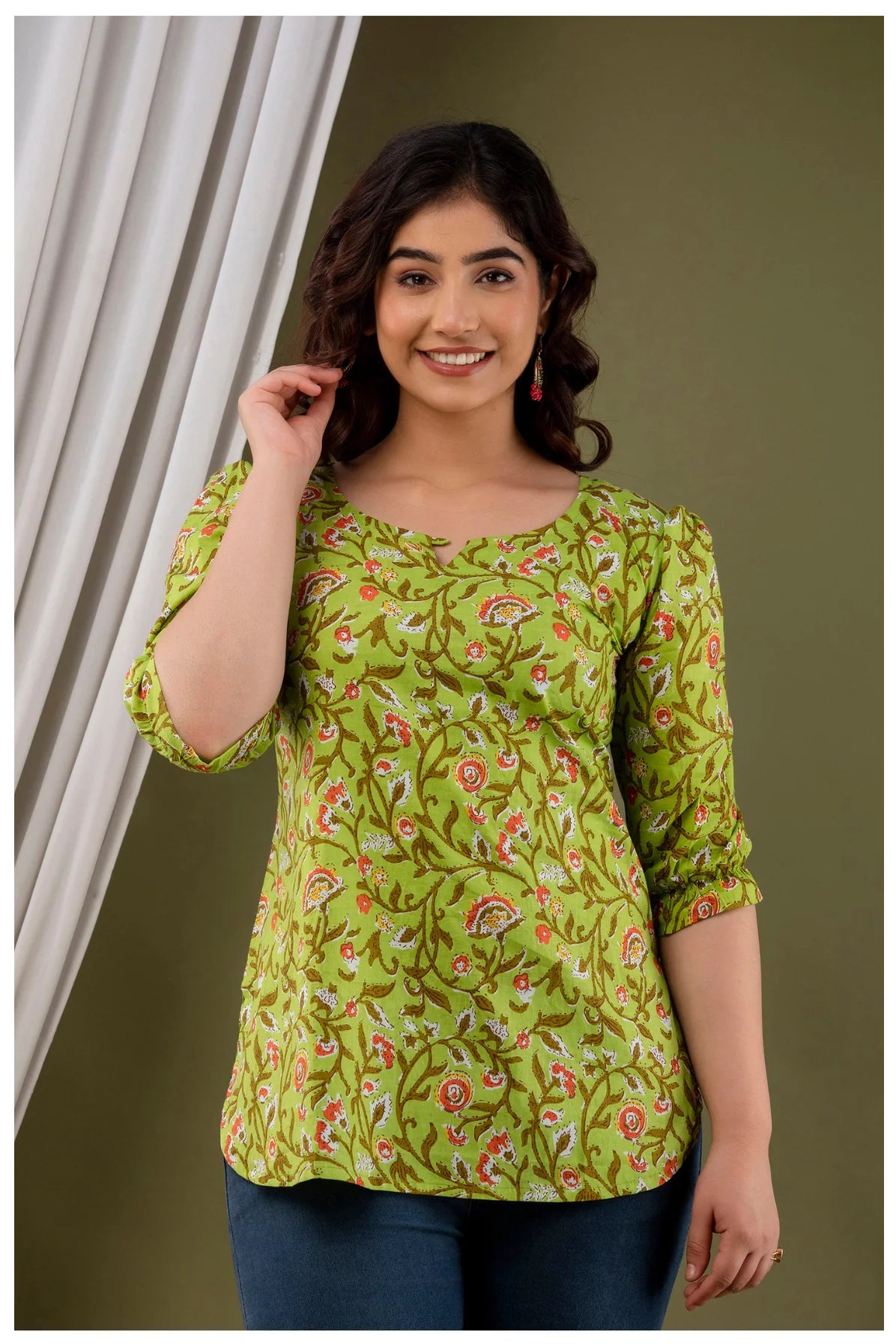 Olive Green Floral Print Cotton Kurti Top for Women