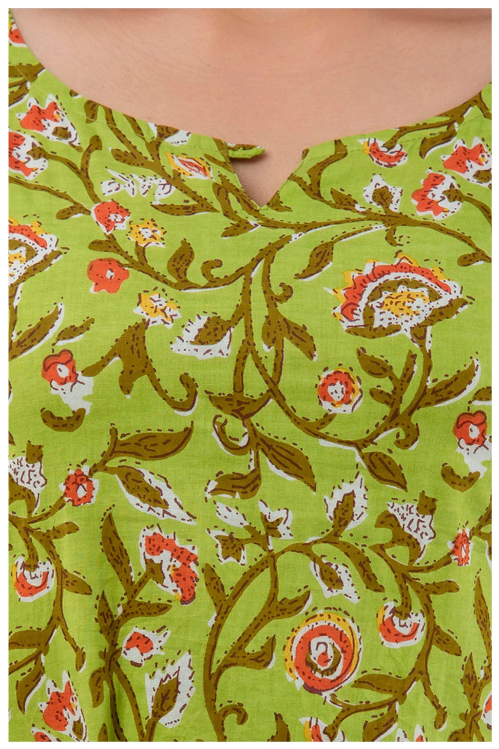 Olive Green Floral Print Cotton Kurti Top for Women