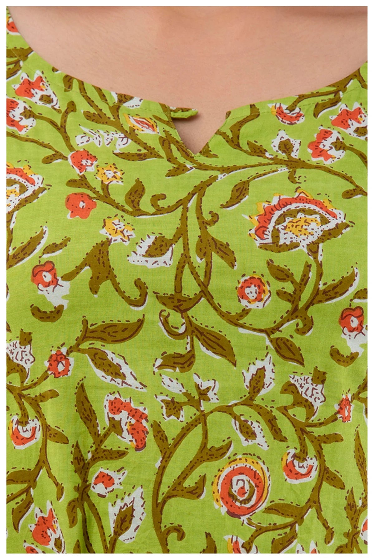 Olive Green Floral Print Cotton Kurti Top for Women