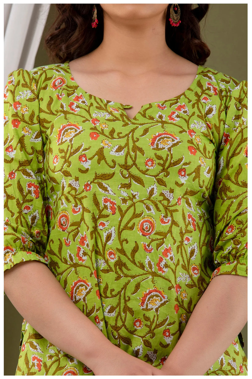 Olive Green Floral Print Cotton Kurti Top for Women