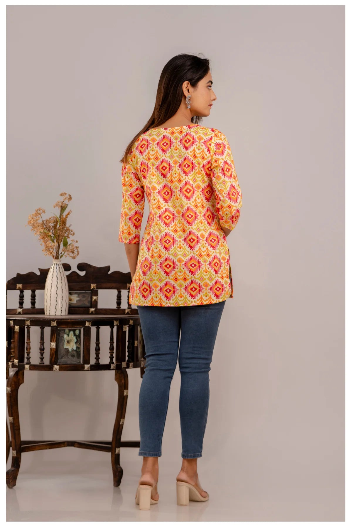 Multicolor Geometric Print Cotton Kurti Top for Women