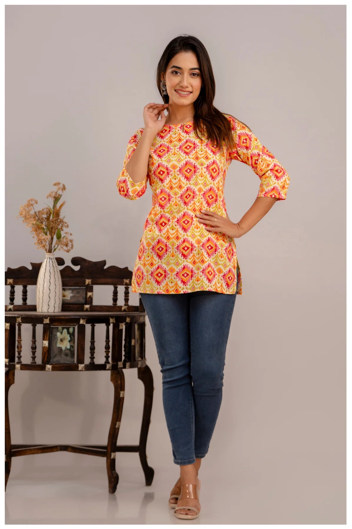 Multicolor Geometric Print Cotton Kurti Top for Women