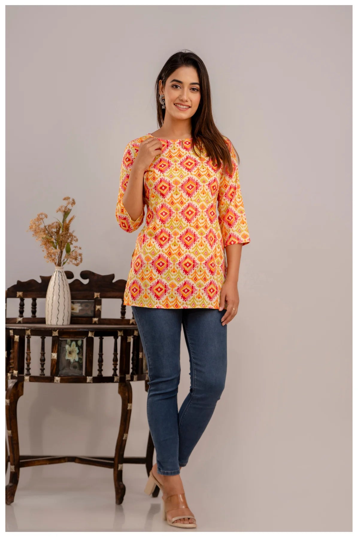 Multicolor Geometric Print Cotton Kurti Top for Women