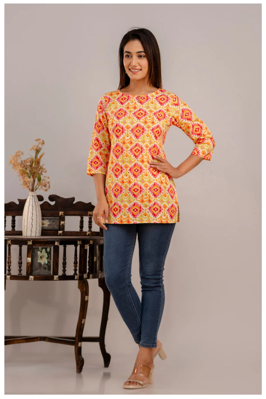 Multicolor Geometric Print Cotton Kurti Top for Women