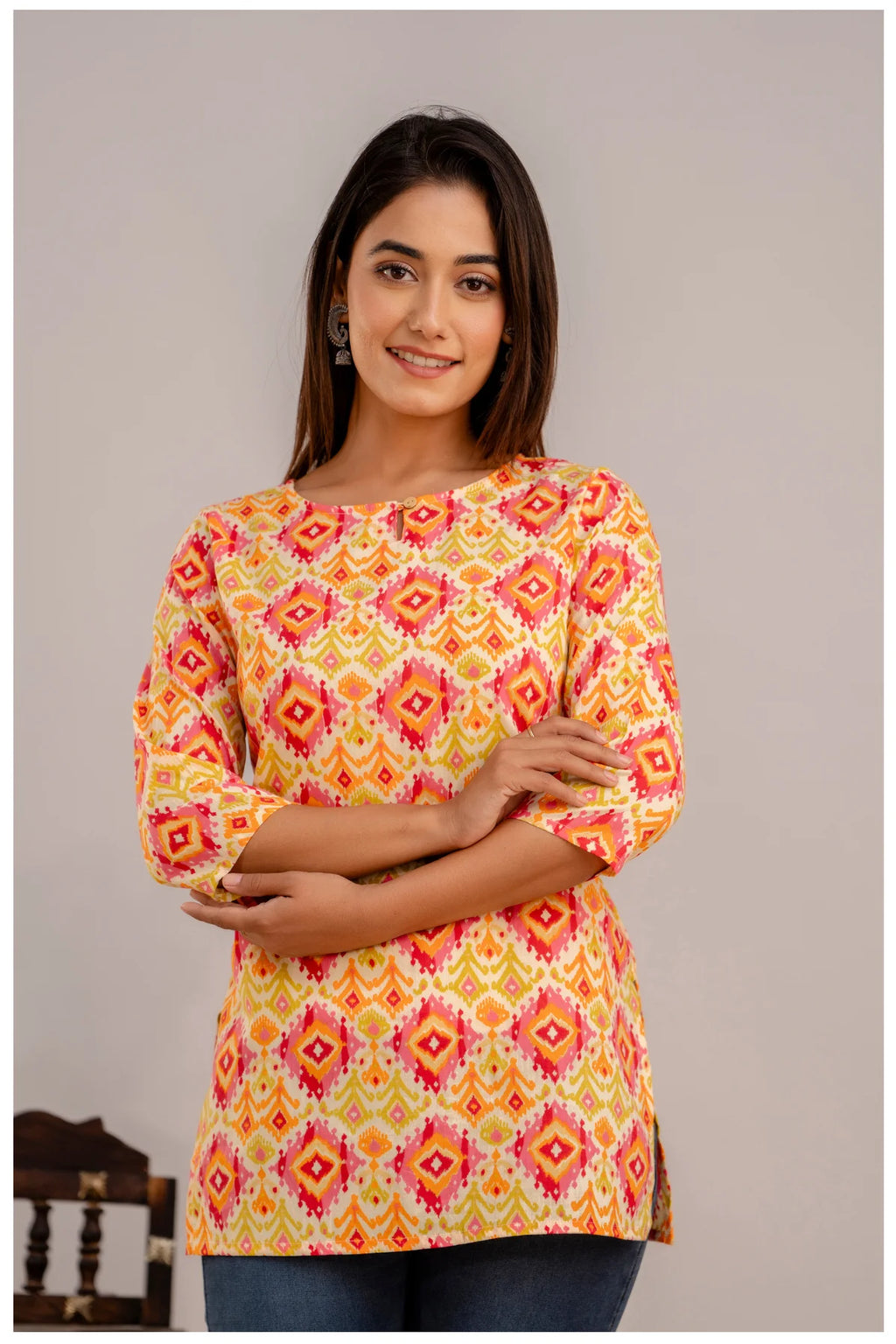 Multicolor Geometric Print Cotton Kurti Top for Women