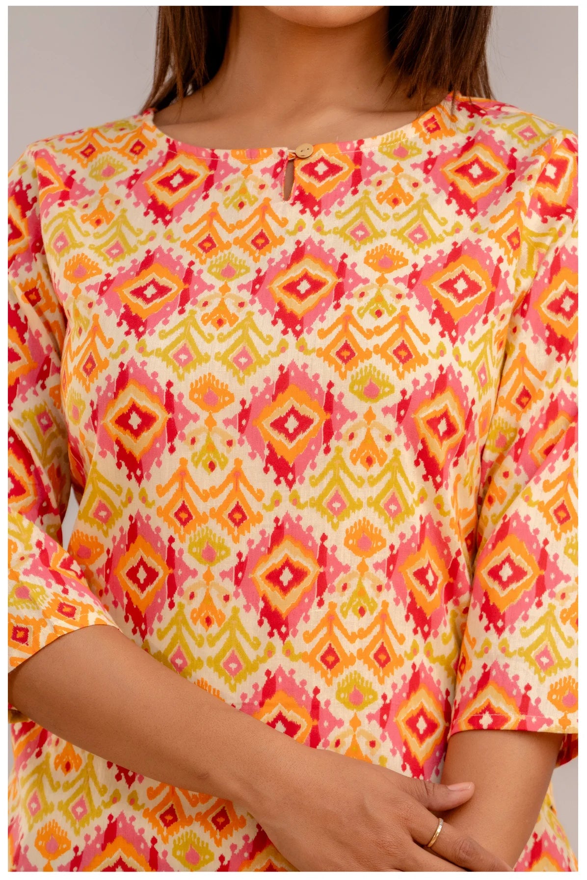 Multicolor Geometric Print Cotton Kurti Top for Women