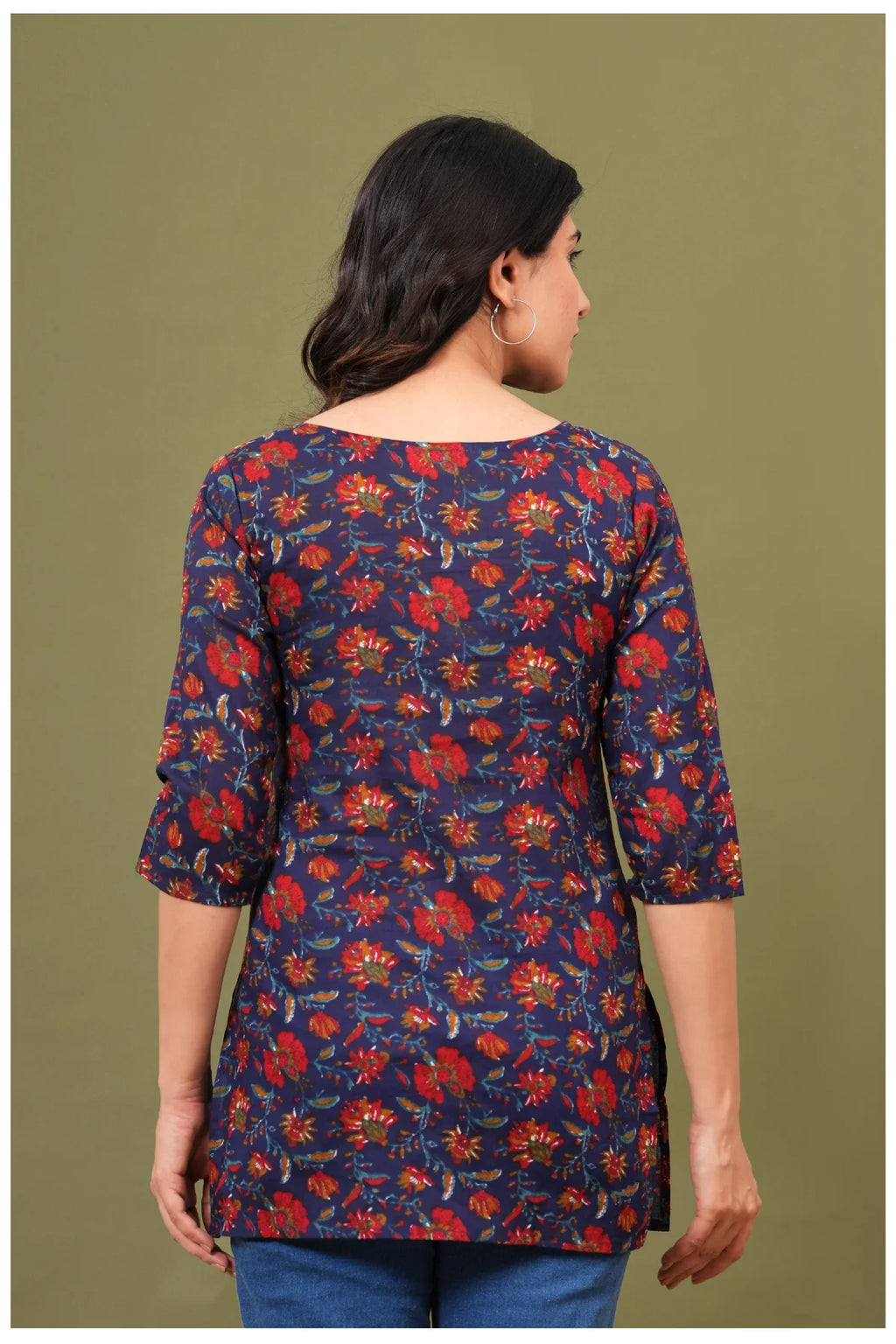 Navy Blue Floral Print Cotton Kurti Top for Women