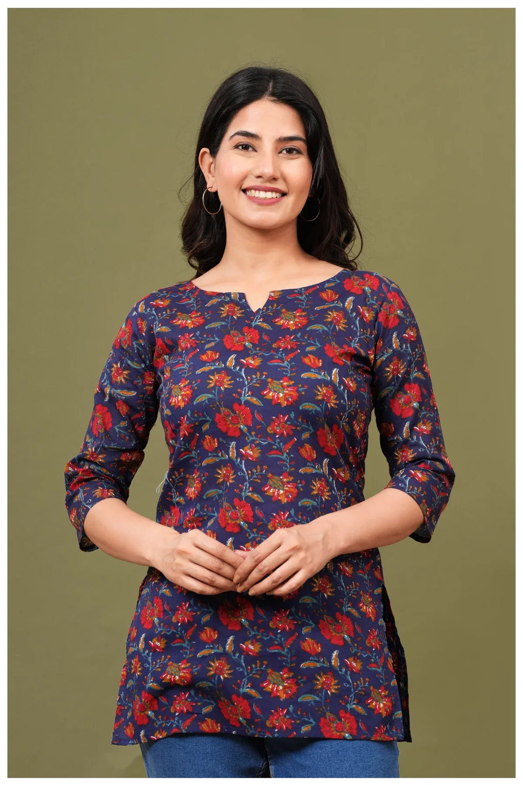 Navy Blue Floral Print Cotton Kurti Top for Women
