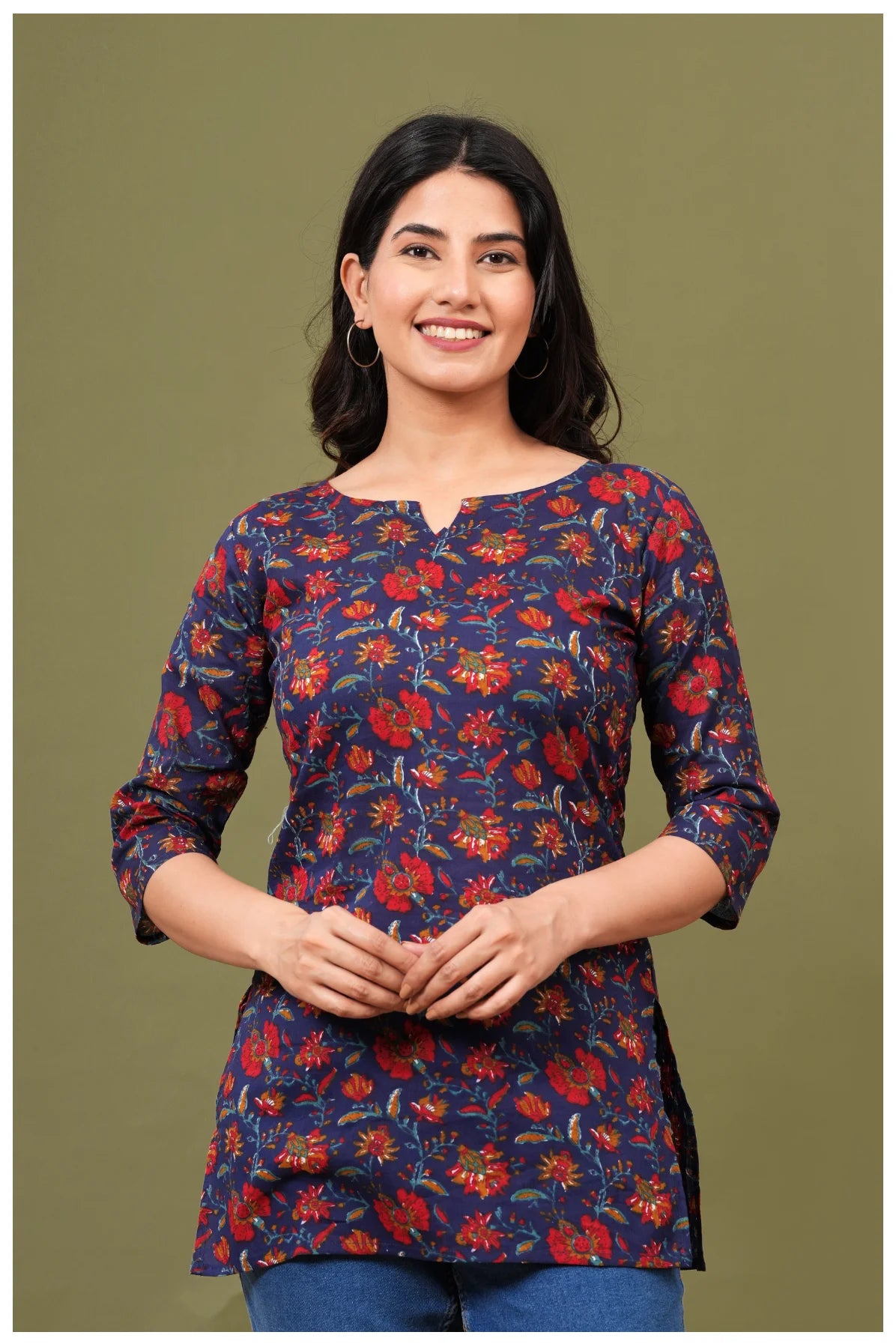 Navy Blue Floral Print Cotton Kurti Top for Women
