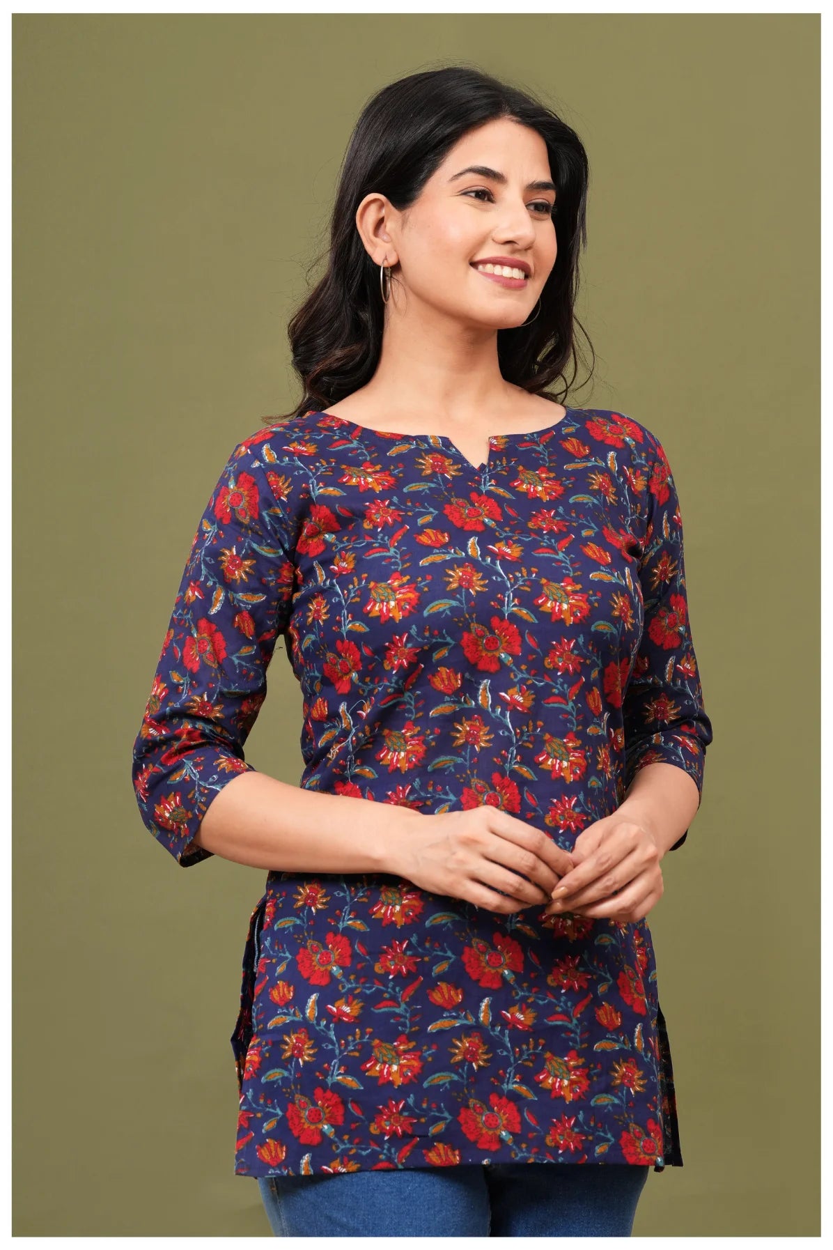 Navy Blue Floral Print Cotton Kurti Top for Women