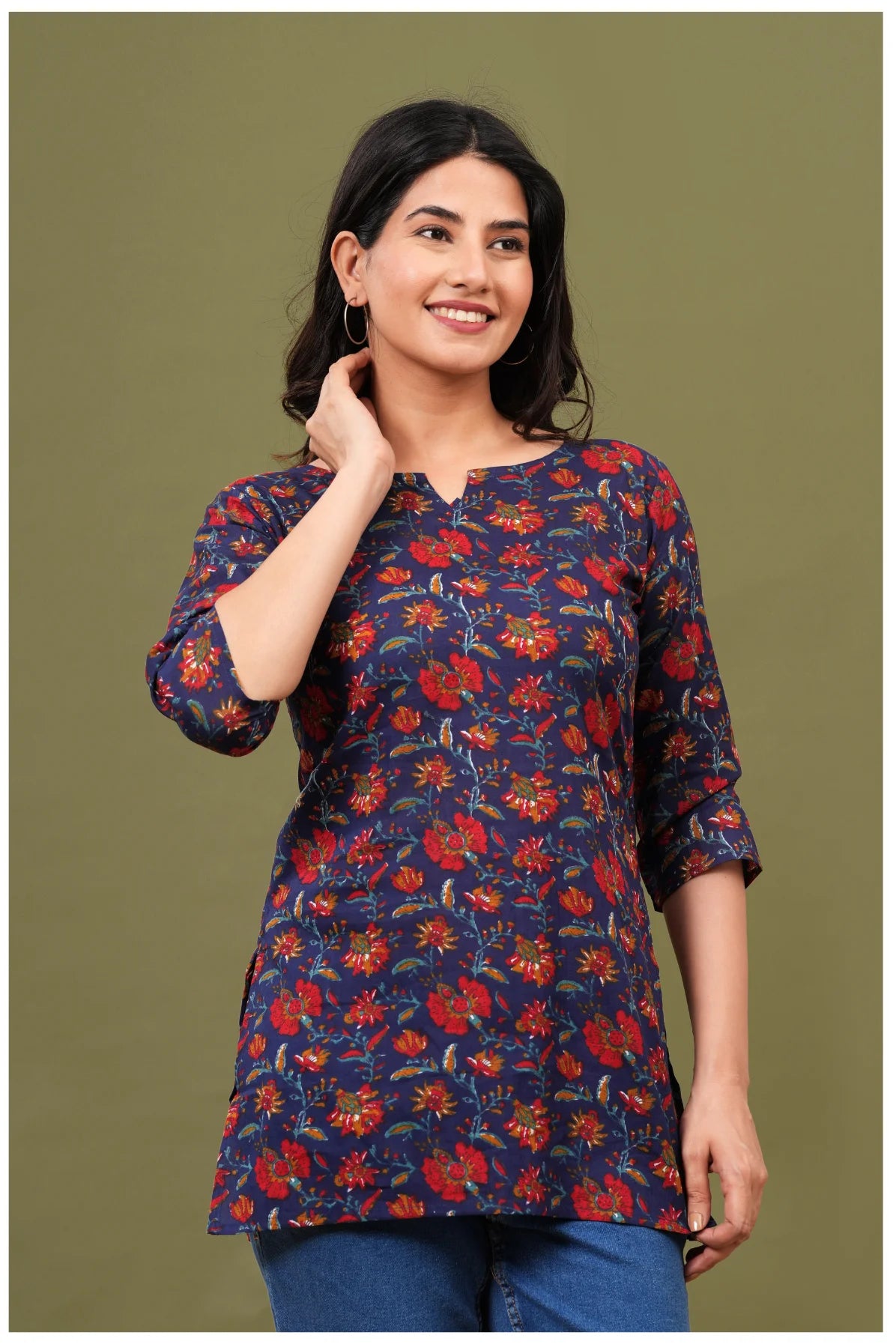 Navy Blue Floral Print Cotton Kurti Top for Women