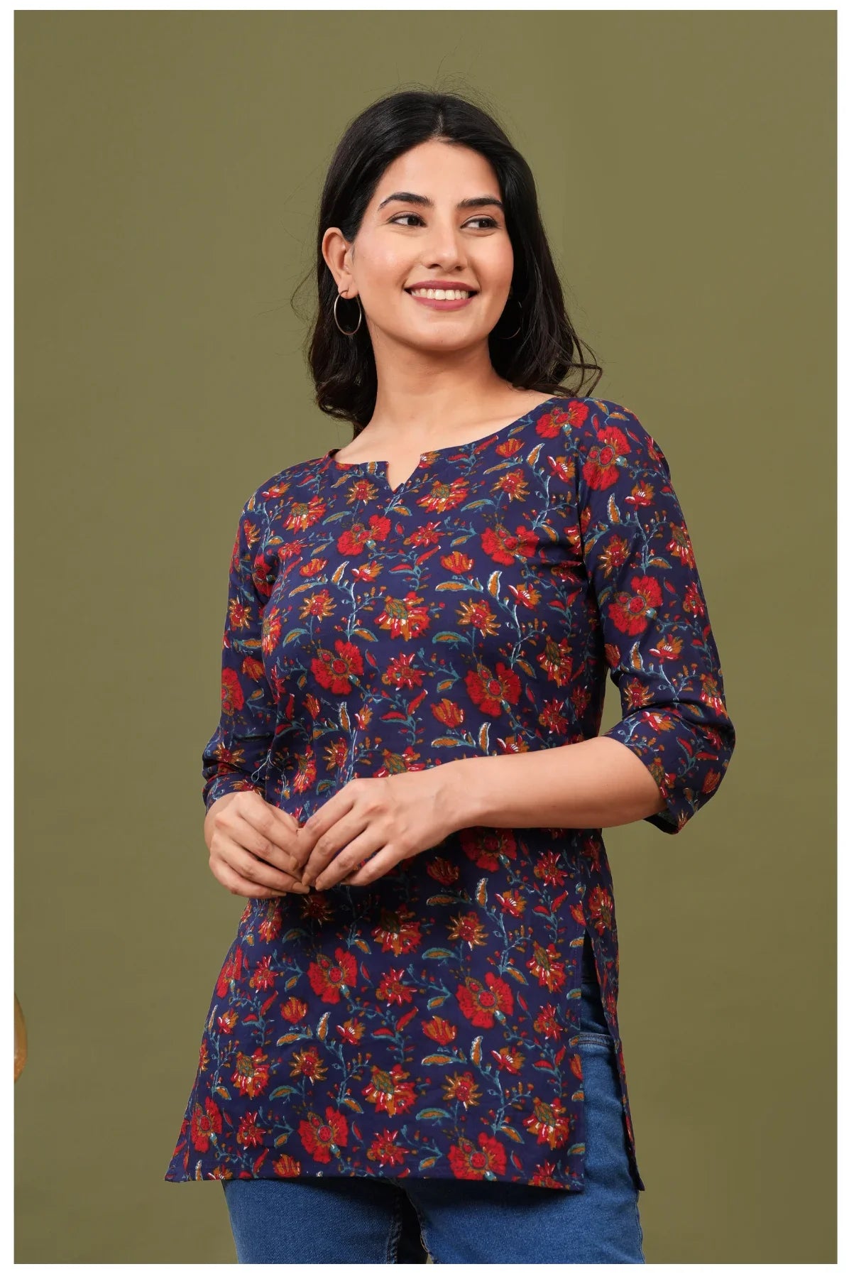 Navy Blue Floral Print Cotton Kurti Top for Women