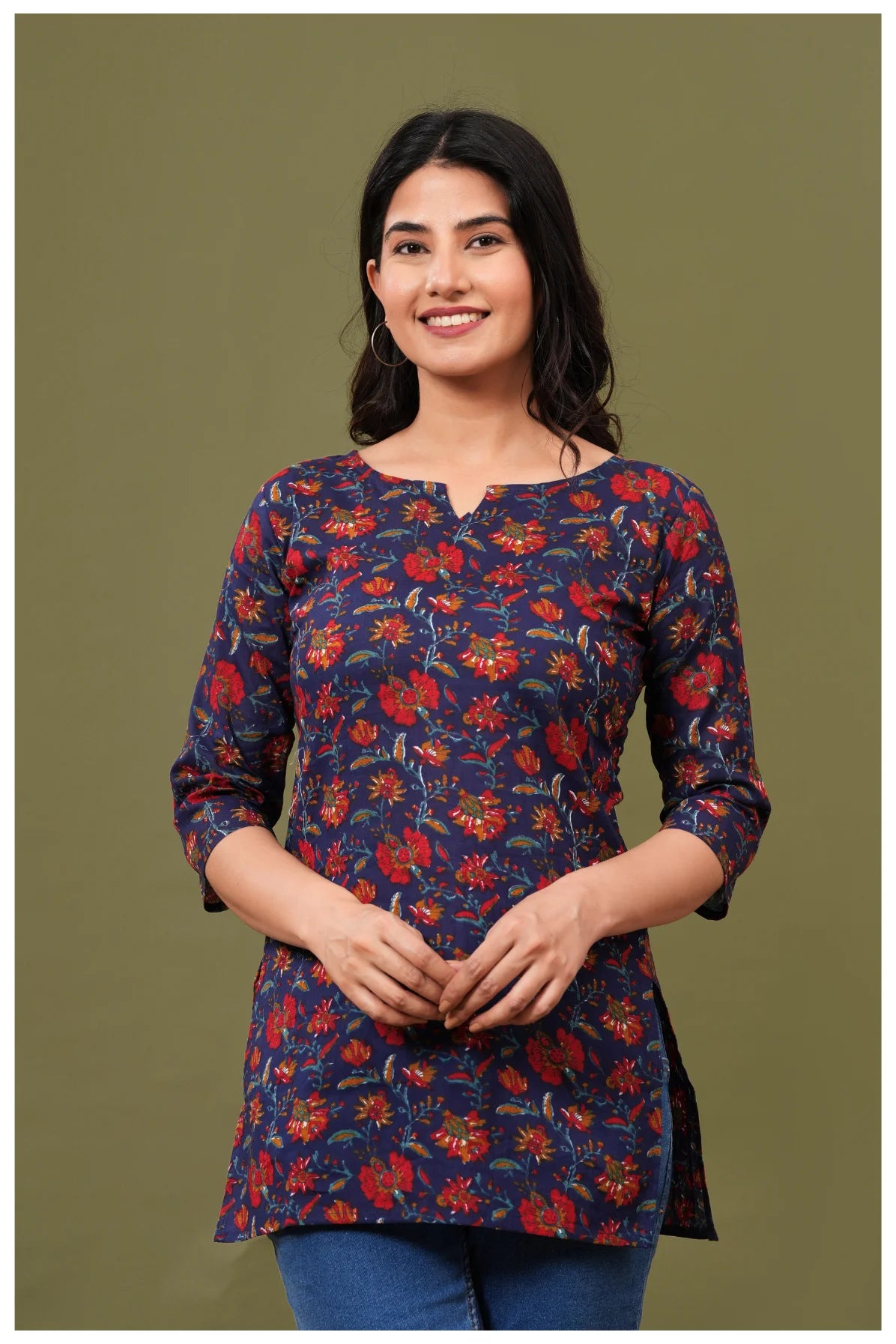 Navy Blue Floral Print Cotton Kurti Top for Women