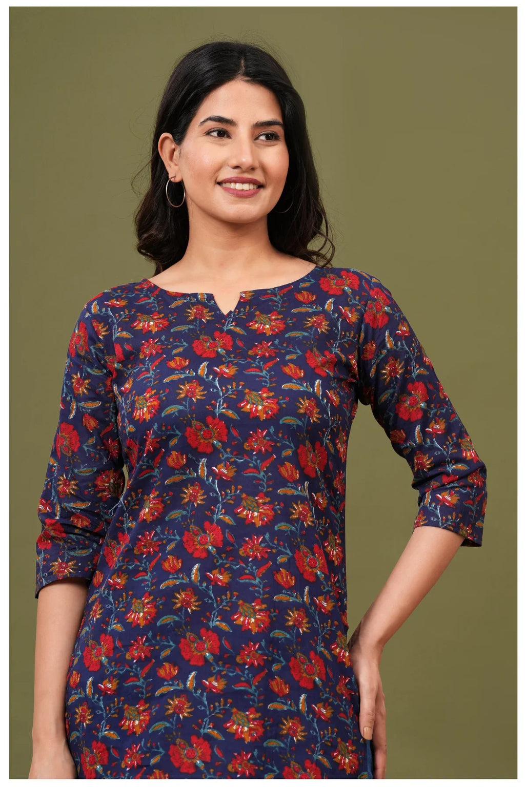Navy Blue Floral Print Cotton Kurti Top for Women
