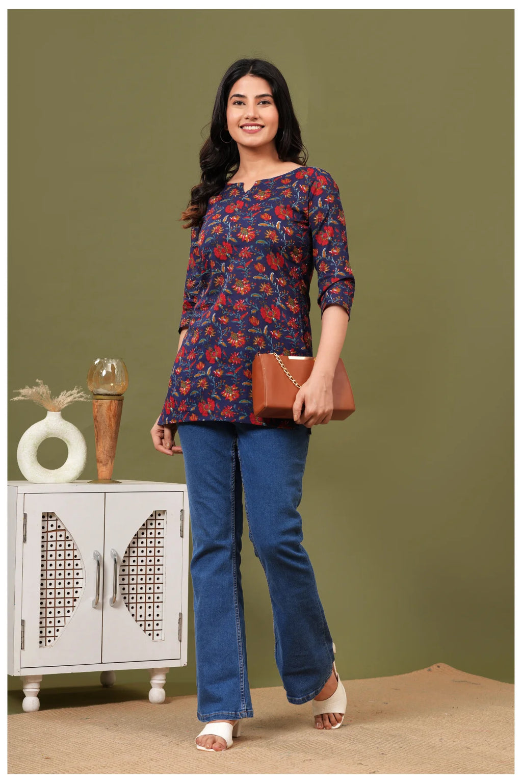 Navy Blue Floral Print Cotton Kurti Top for Women