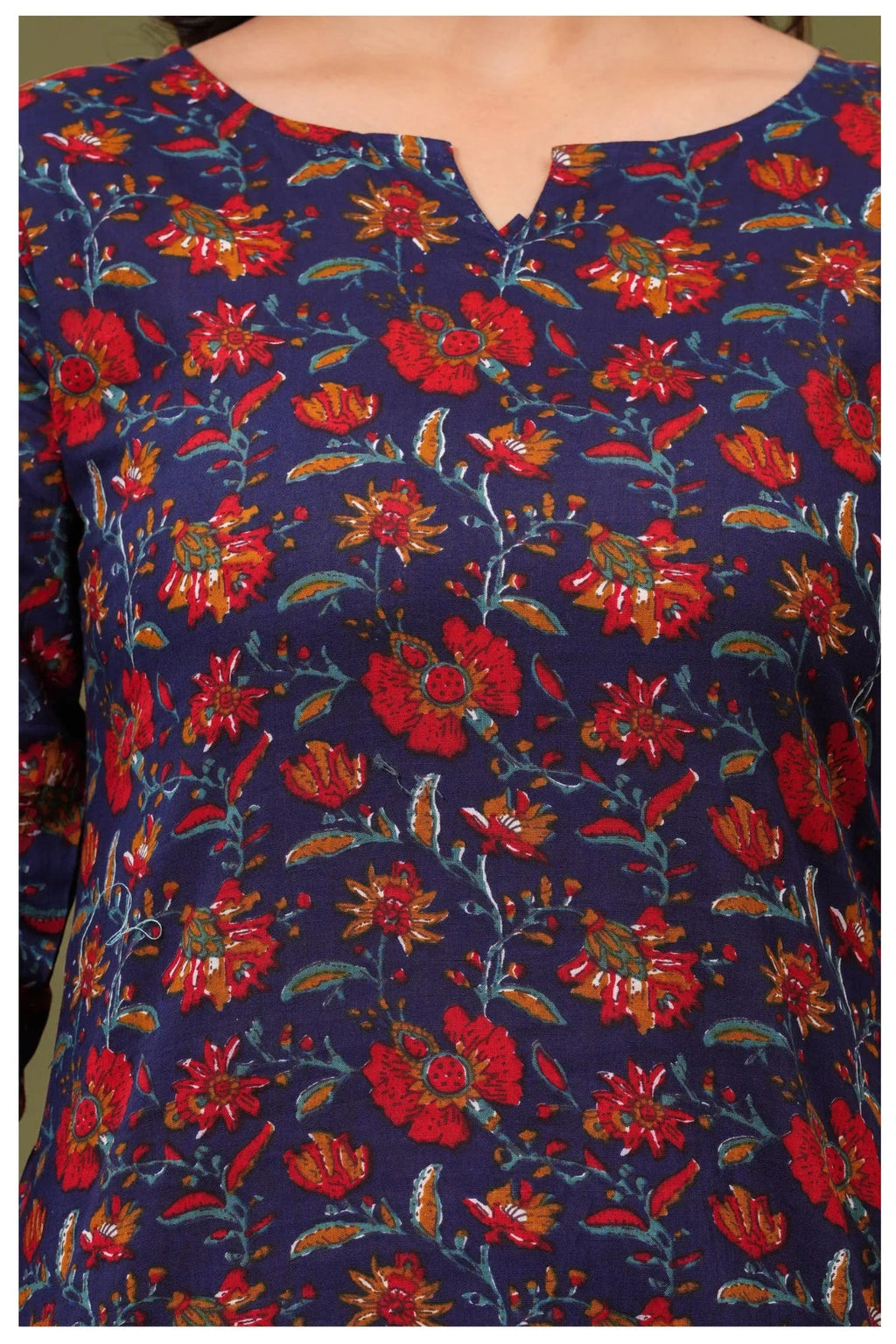 Navy Blue Floral Print Cotton Kurti Top for Women