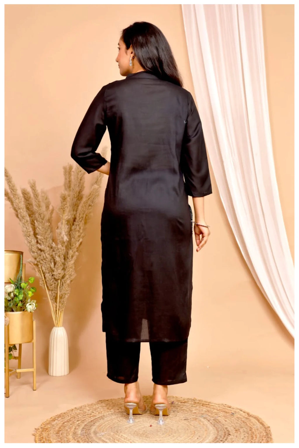 Black Rayon Kurta Pant Co-Ord Set with White Bird & Leaf Print