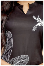 Black Rayon Kurta Pant Co-Ord Set with White Bird & Leaf Print