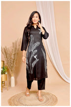 Black Rayon Kurta Pant Co-Ord Set with White Bird & Leaf Print