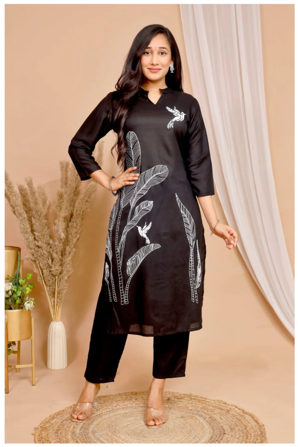Black Rayon Kurta Pant Co-Ord Set with White Bird & Leaf Print