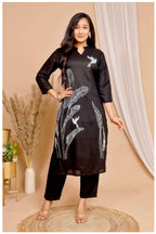 Black Rayon Kurta Pant Co-Ord Set with White Bird & Leaf Print