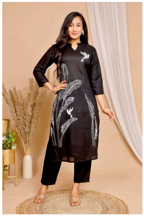 Black Rayon Kurta Pant Co-Ord Set with White Bird & Leaf Print