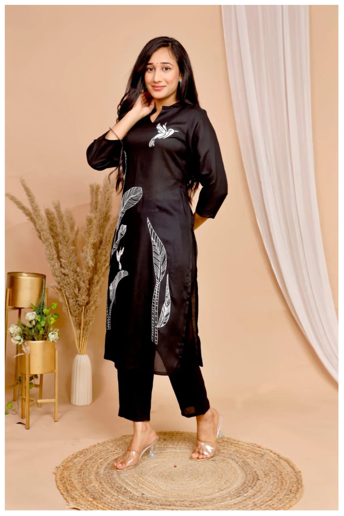 Black Rayon Kurta Pant Co-Ord Set with White Bird & Leaf Print