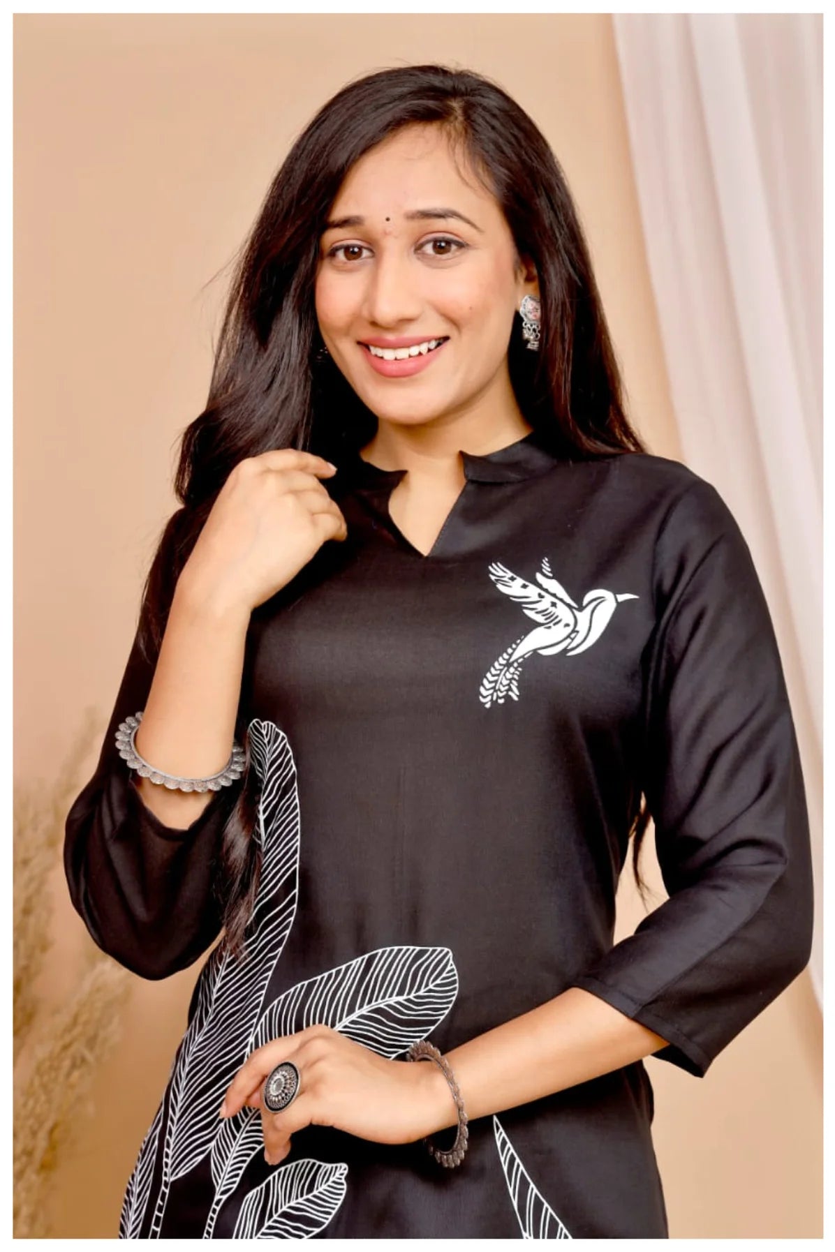 Black Rayon Kurta Pant Co-Ord Set with White Bird & Leaf Print