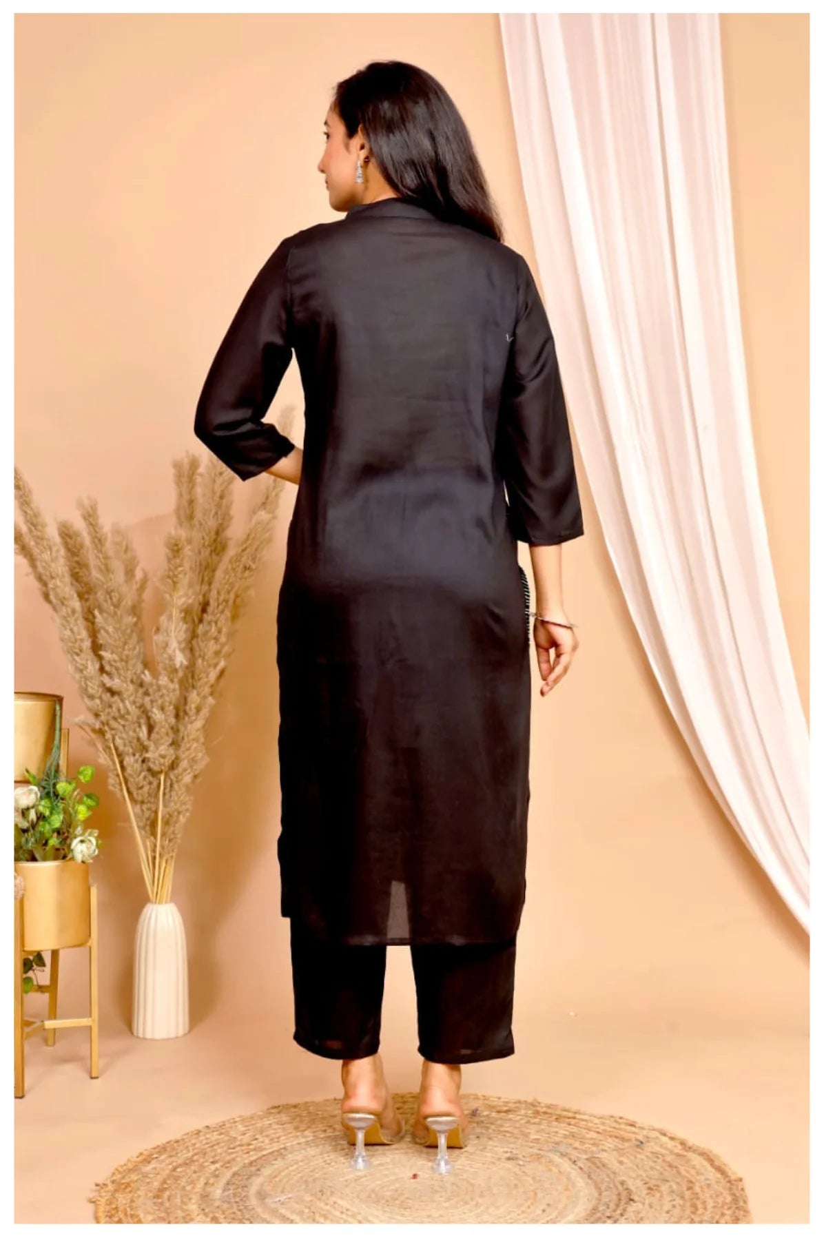 Black Rayon Kurta Pant Co-Ord Set with White Bird & Leaf Print