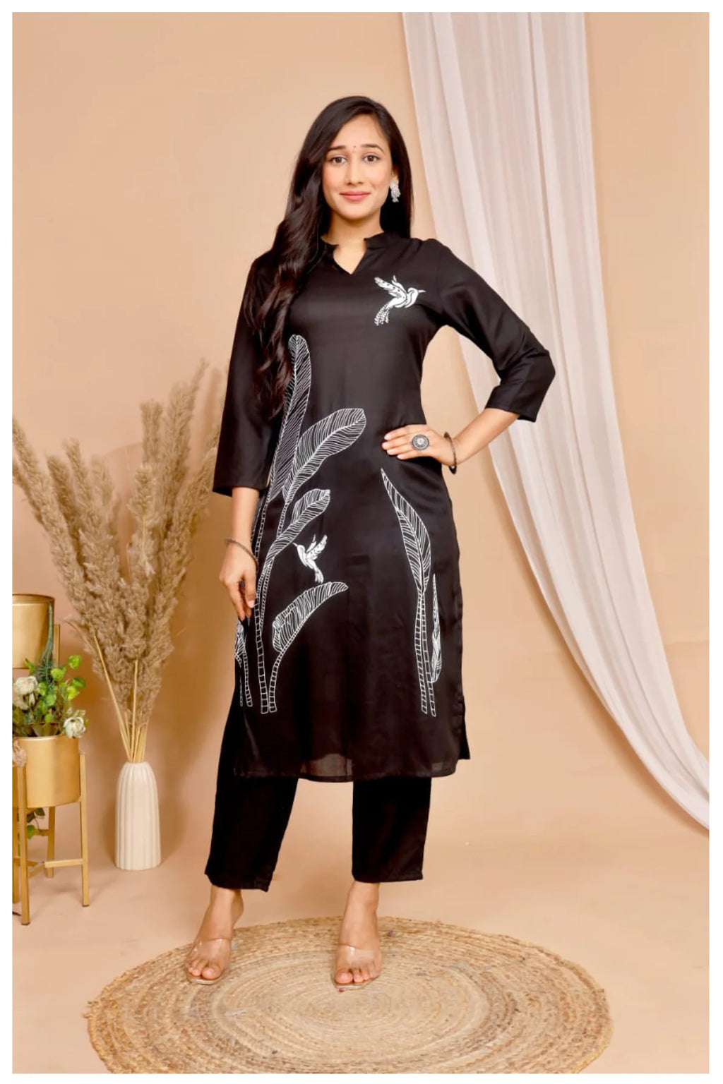 Black Rayon Kurta Pant Co-Ord Set with White Bird & Leaf Print