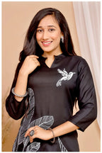 Black Rayon Kurta Pant Co-Ord Set with White Bird & Leaf Print