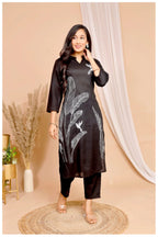 Black Rayon Kurta Pant Co-Ord Set with White Bird & Leaf Print