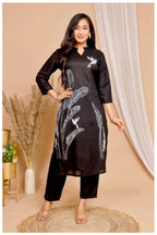 Black Rayon Kurta Pant Co-Ord Set with White Bird & Leaf Print