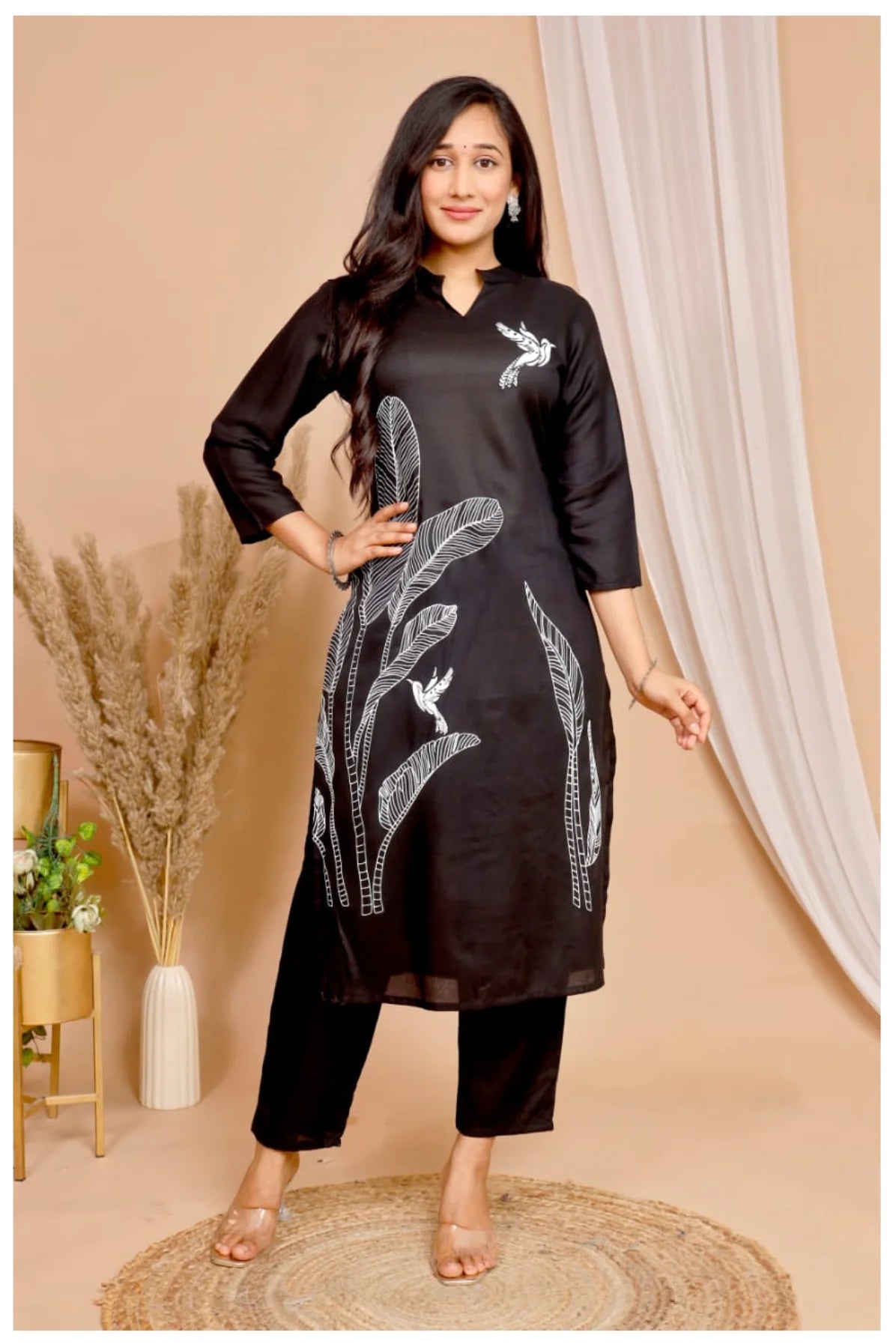 Black Rayon Kurta Pant Co-Ord Set with White Bird & Leaf Print