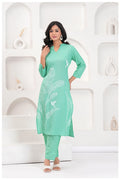 Mint Green Rayon Kurta Pant Co-Ord Set with White Bird & Leaf Print