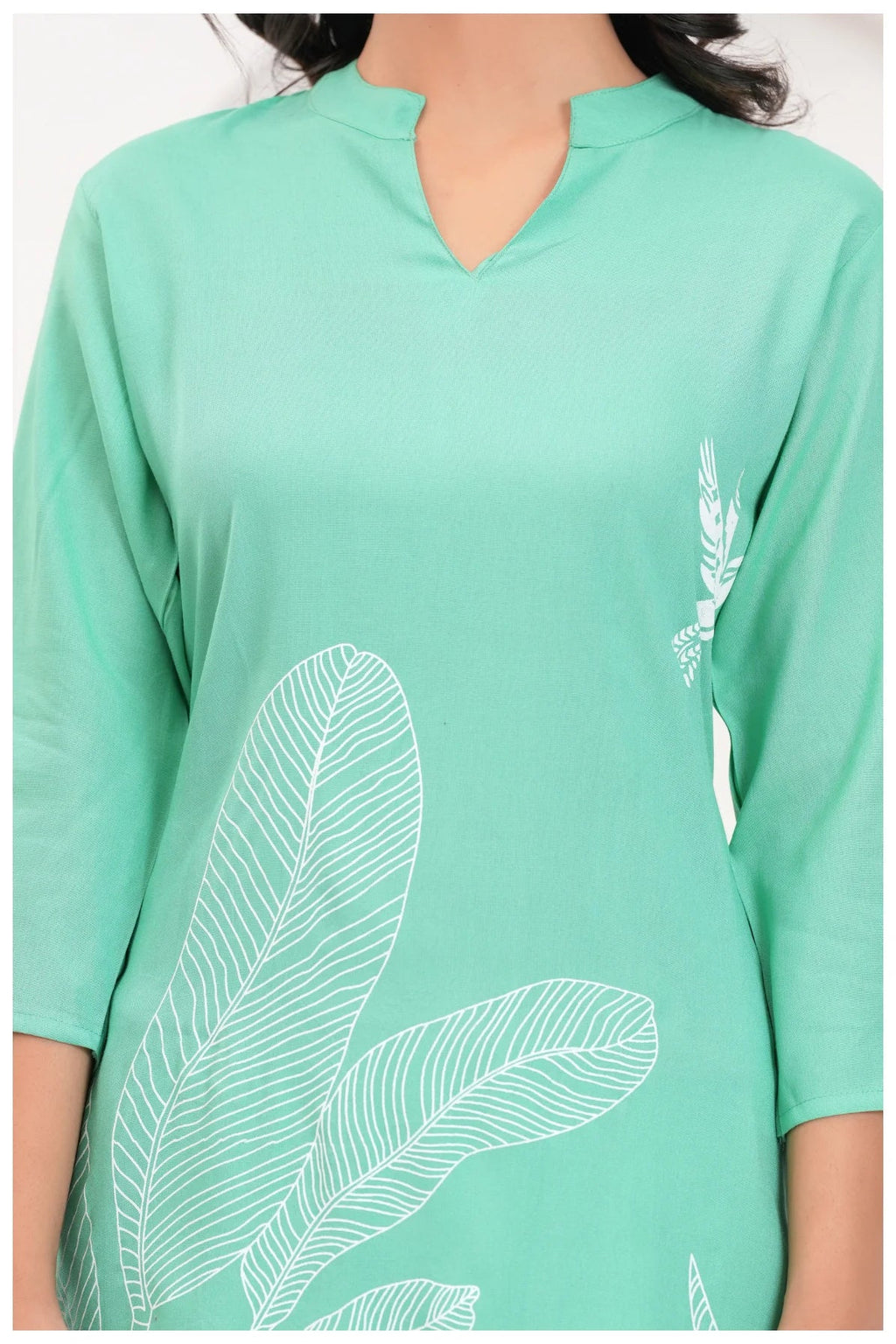 Mint Green Rayon Kurta Pant Co-Ord Set with White Bird & Leaf Print