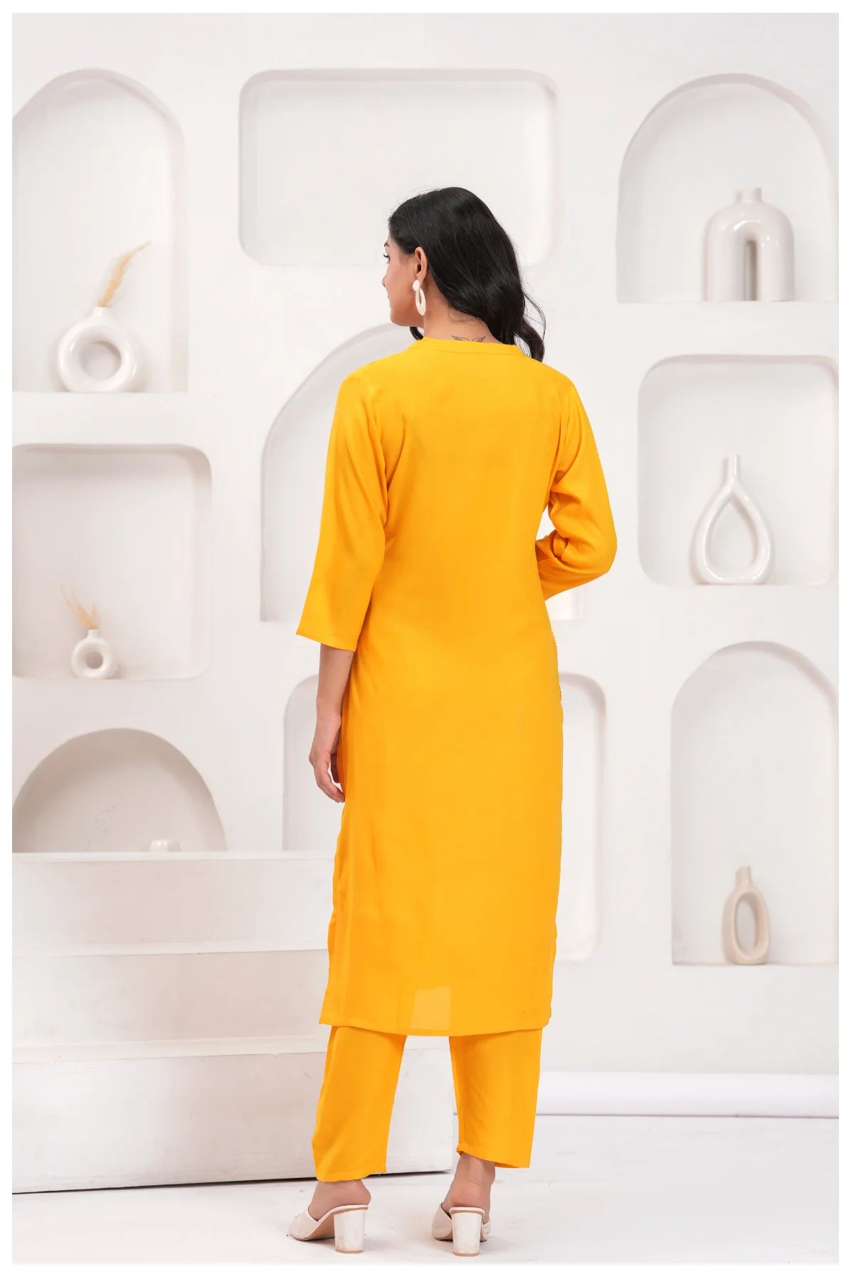 Mustard Yellow Rayon Kurta Pant Co-Ord Set with White Bird & Leaf Print