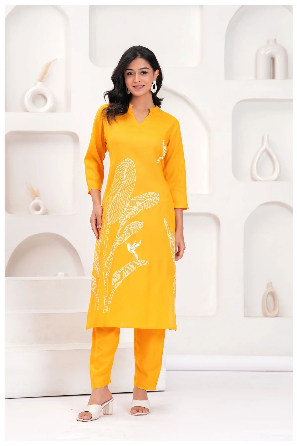 Mustard Yellow Rayon Kurta Pant Co-Ord Set with White Bird & Leaf Print