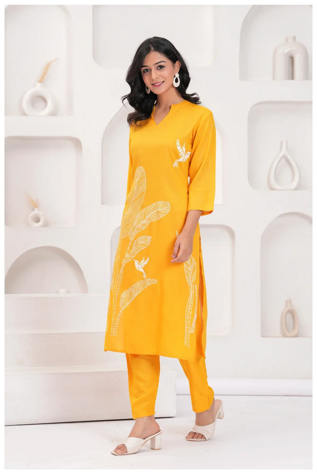 Mustard Yellow Rayon Kurta Pant Co-Ord Set with White Bird & Leaf Print