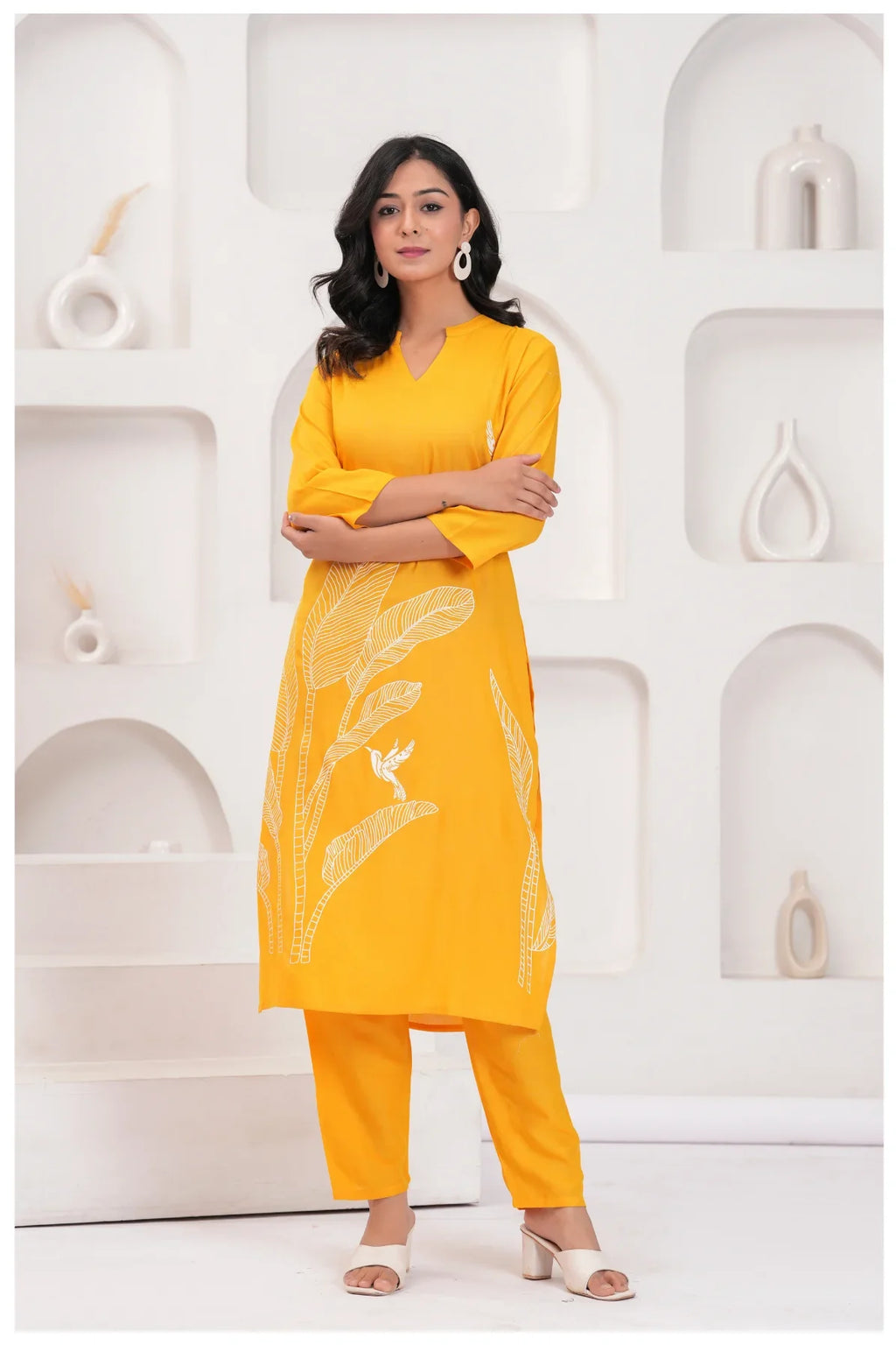 Mustard Yellow Rayon Kurta Pant Co-Ord Set with White Bird & Leaf Print