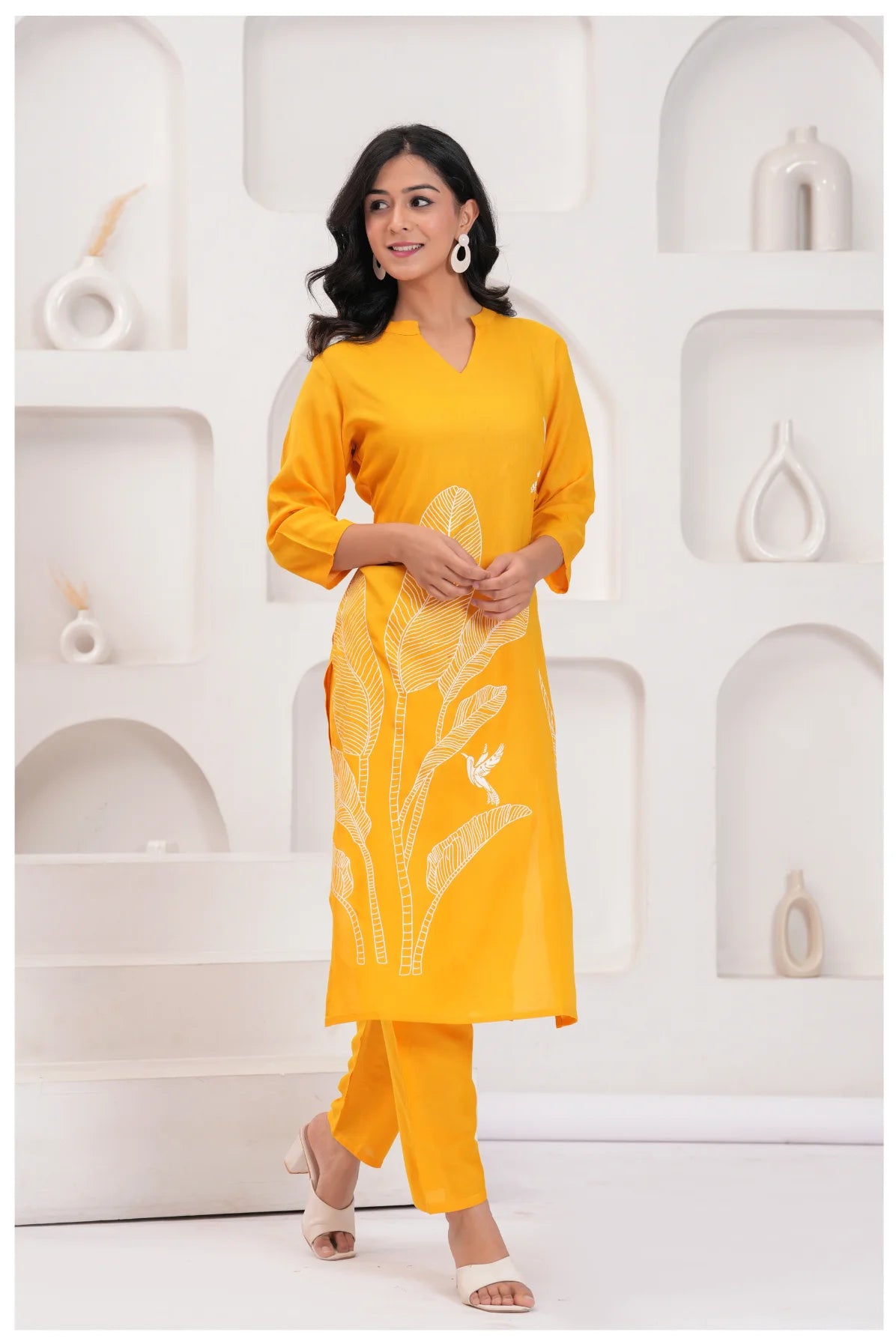 Mustard Yellow Rayon Kurta Pant Co-Ord Set with White Bird & Leaf Print