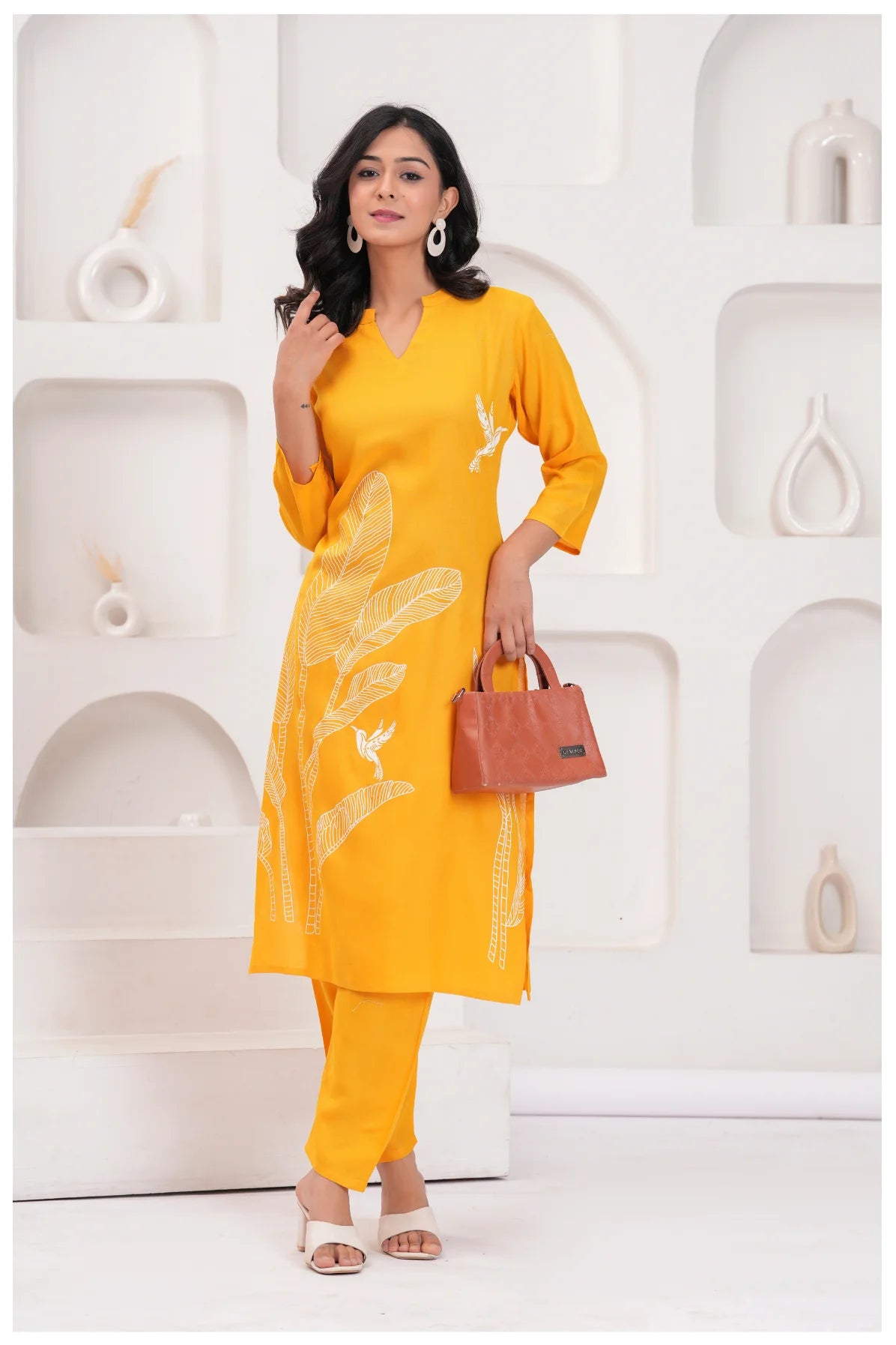 Mustard Yellow Rayon Kurta Pant Co-Ord Set with White Bird & Leaf Print