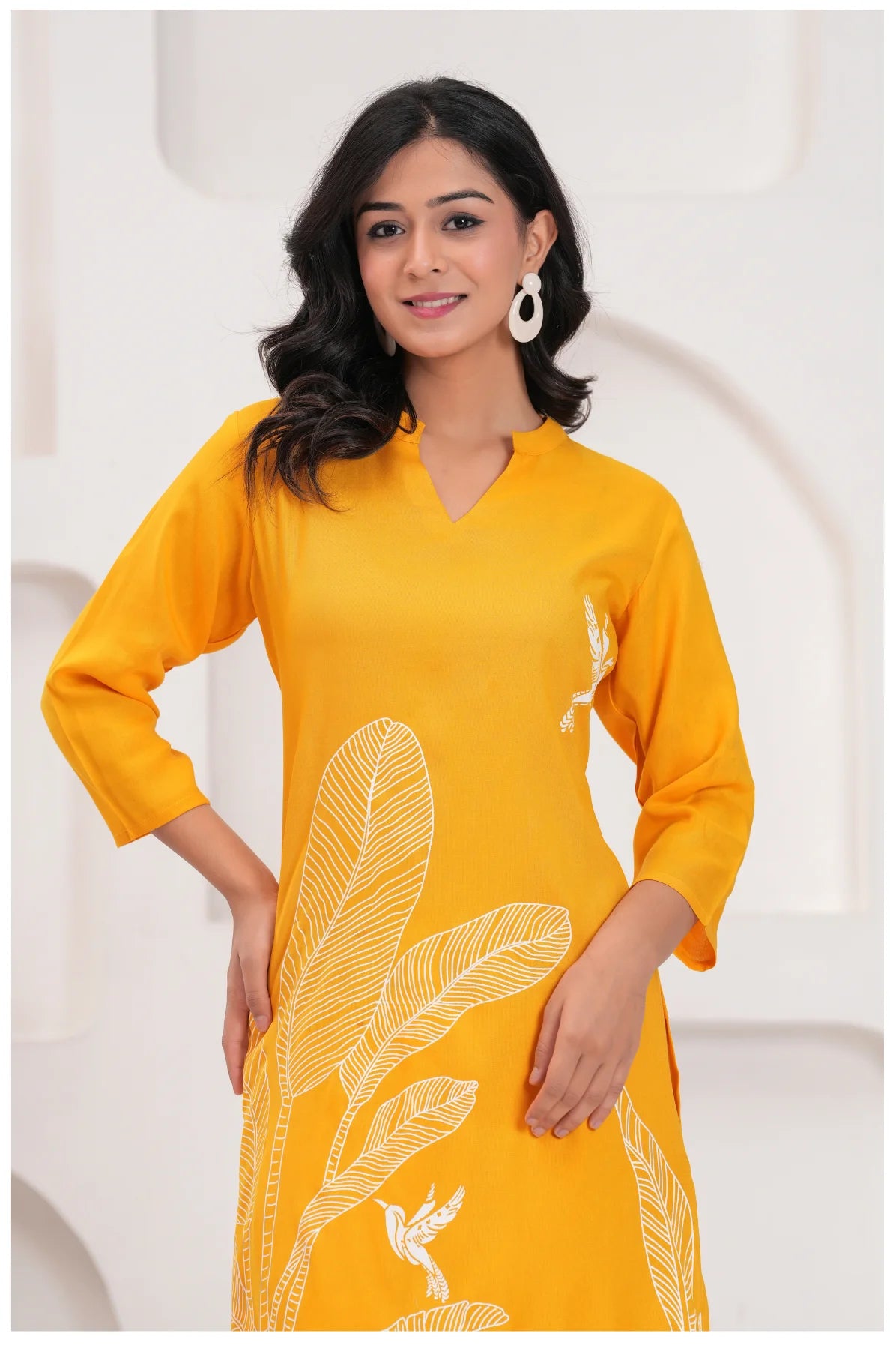 Mustard Yellow Rayon Kurta Pant Co-Ord Set with White Bird & Leaf Print
