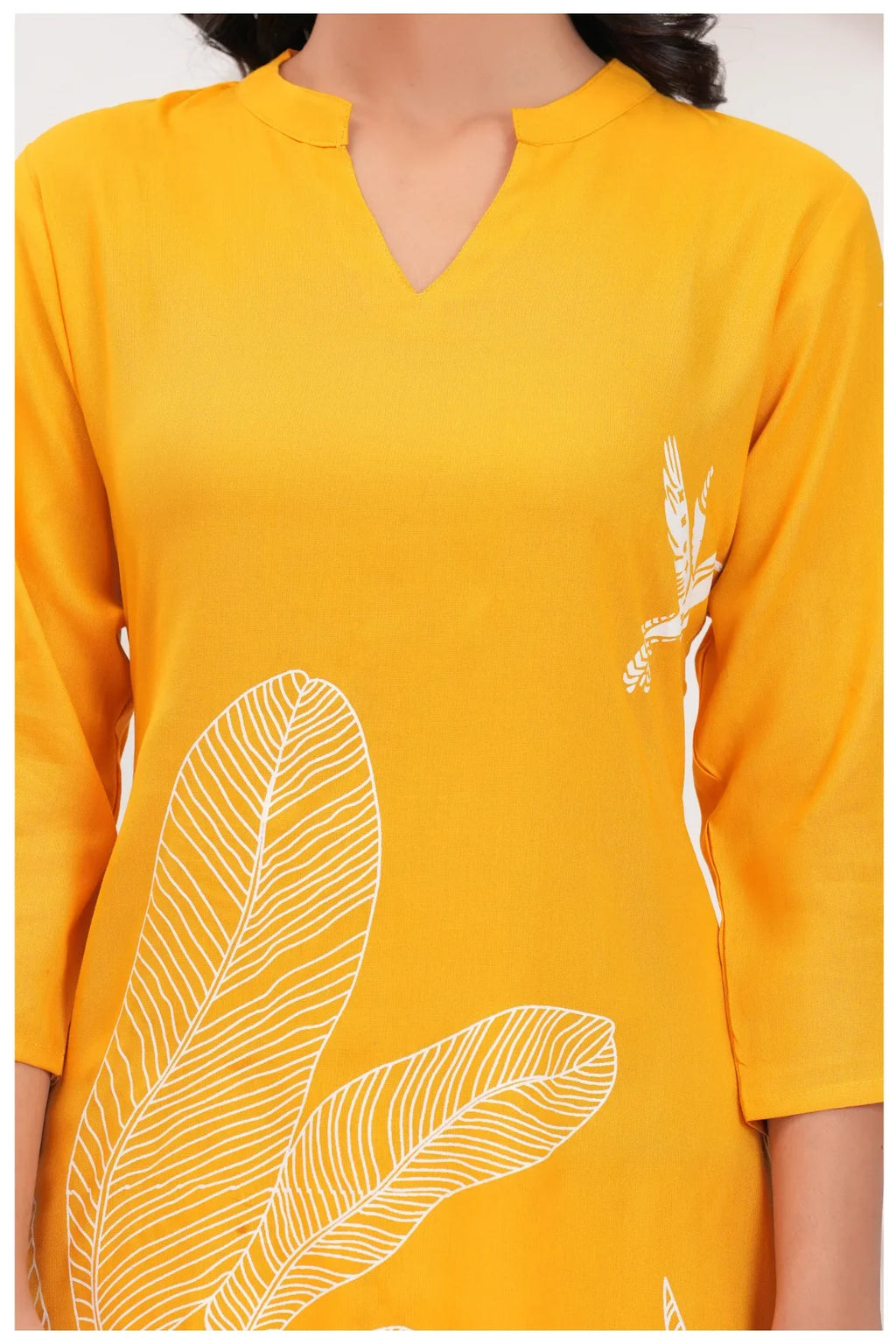 Mustard Yellow Rayon Kurta Pant Co-Ord Set with White Bird & Leaf Print