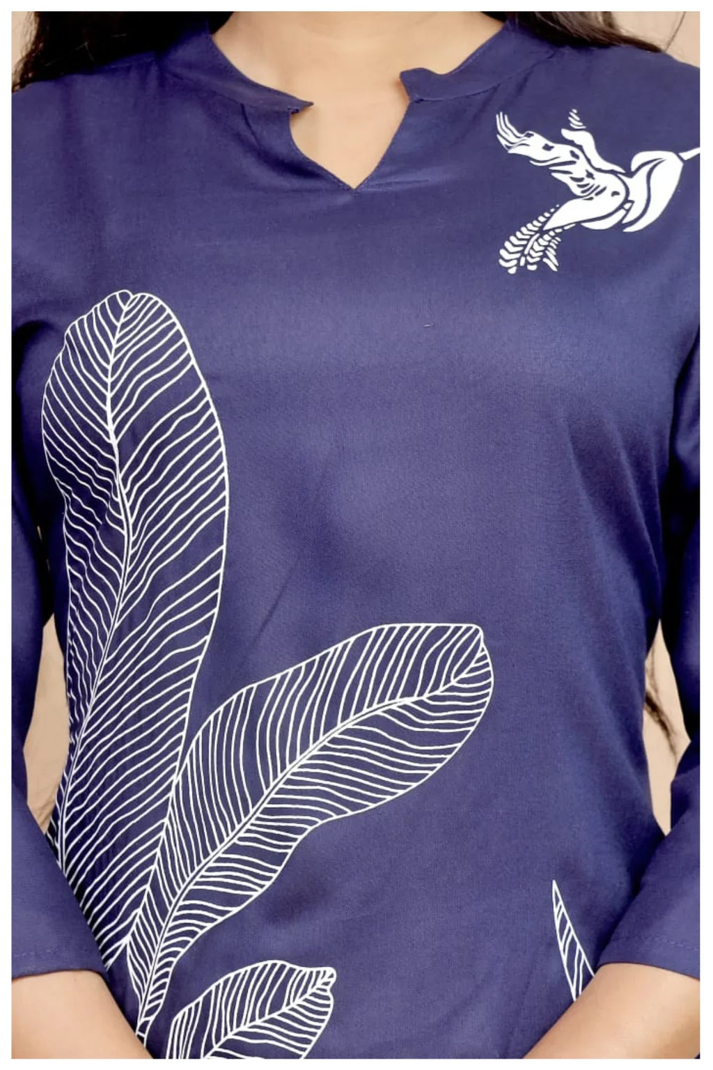 Navy Blue Rayon Kurta Pant Co-Ord Set with Bird & Leaf Print