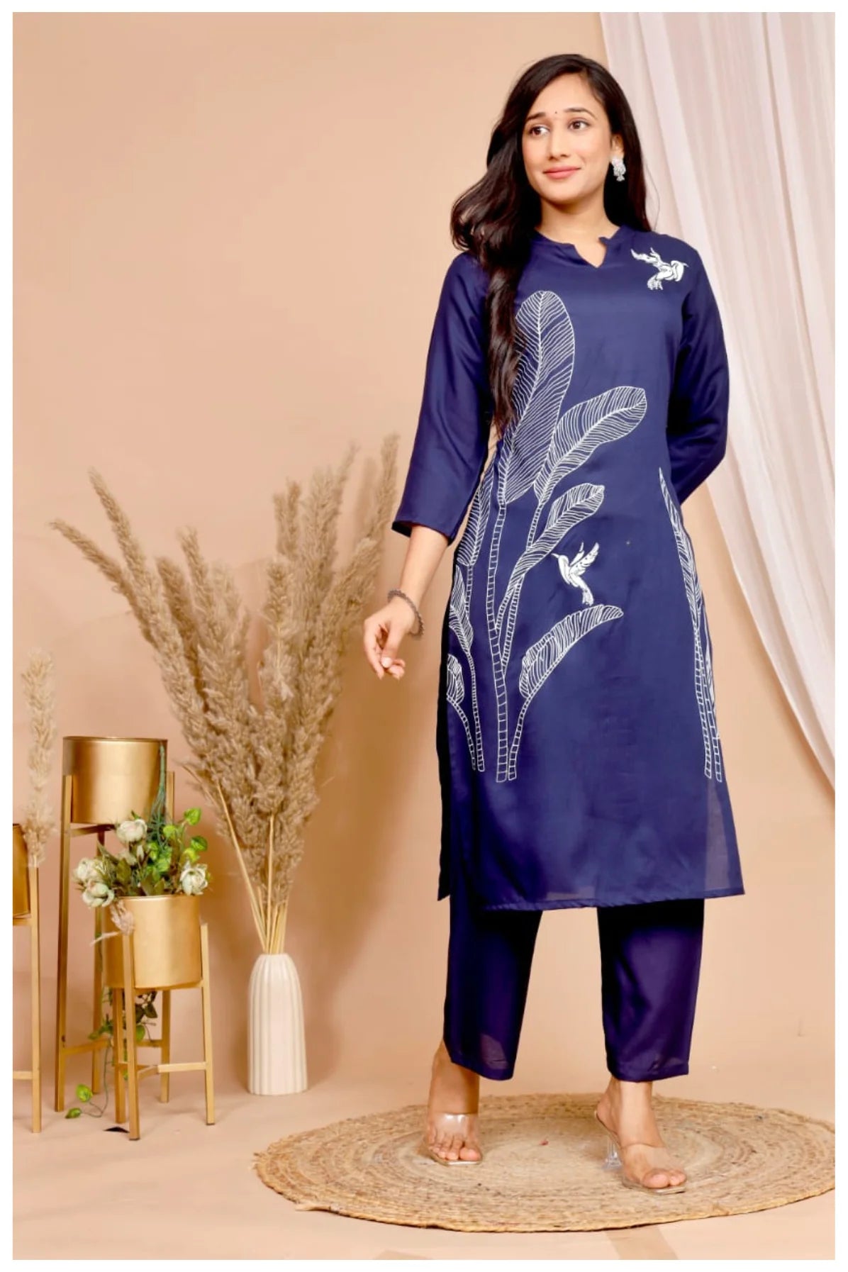 Navy Blue Rayon Kurta Pant Co-Ord Set with Bird & Leaf Print