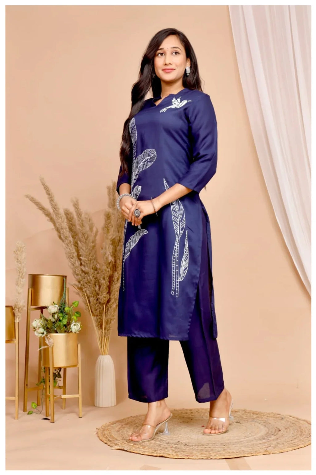 Navy Blue Rayon Kurta Pant Co-Ord Set with Bird & Leaf Print