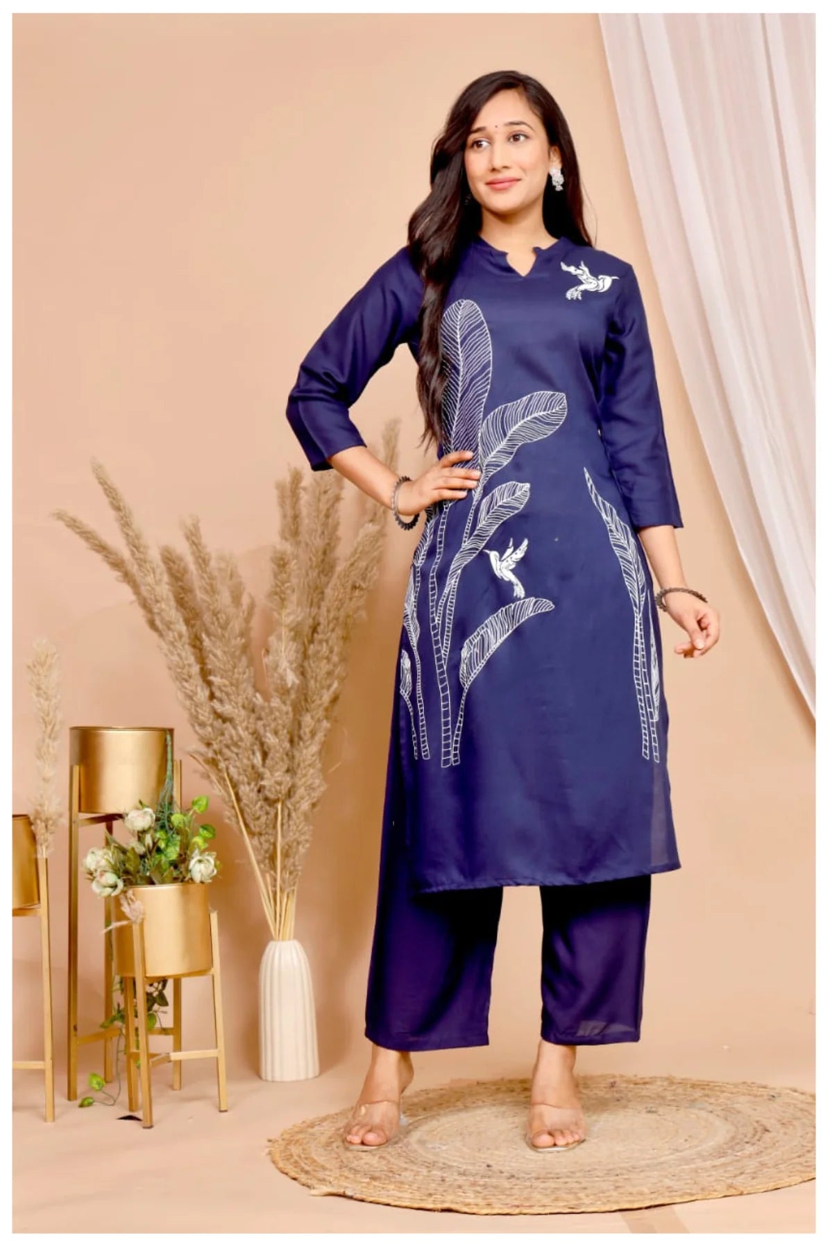 Navy Blue Rayon Kurta Pant Co-Ord Set with Bird & Leaf Print